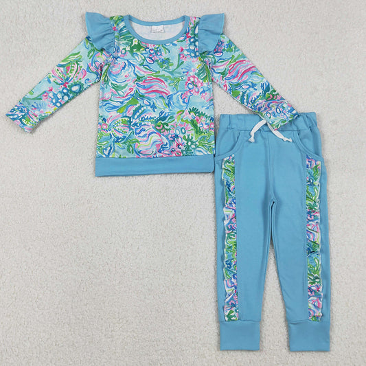 Baby Girls Clothes Blue Watercolor Floral Top Pockets Ruffle Jogger Pants Clothes Sets GLP2832 12.3