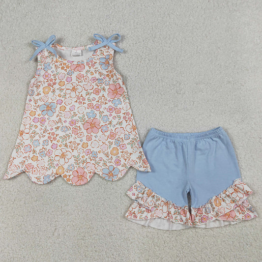 Baby Girls Clothes Sleeveless Colorful Flowers Scallop Tunic Ruffle Shorts Clothes Set GSSO3393