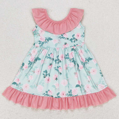 Baby Girls Dress Green Flowers Bow Back Knee Length Dresses GSD0722