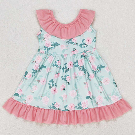 Baby Girls Dress Green Flowers Bow Back Knee Length Dresses GSD0722