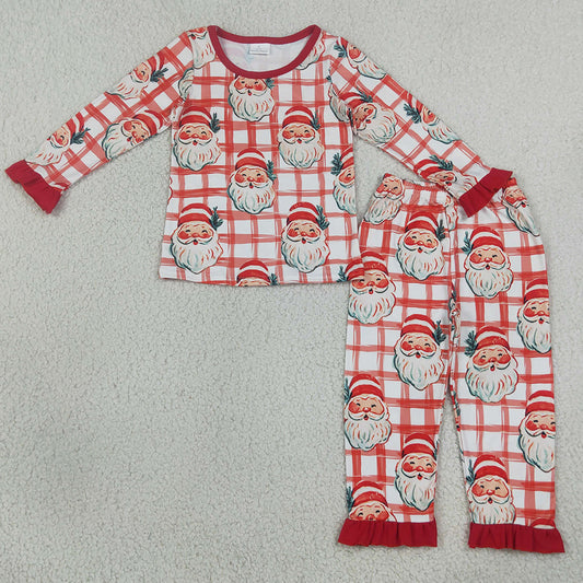 Baby Girls Pajamas Red Checked Santa Top Ruffle Pants Christmas Pajamas Set GLP3542