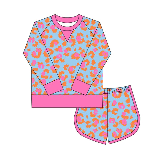 Preorder(moq 8)Baby Girls Orange Pink Leopard Long Sleeve Top Shorts Clothes Set 9.29
