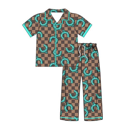 Preorder (moq 8)Baby Kids Short Sleeve Khaki Checked Turquoises Button Top Pants Western Pajamas Sets 9.19