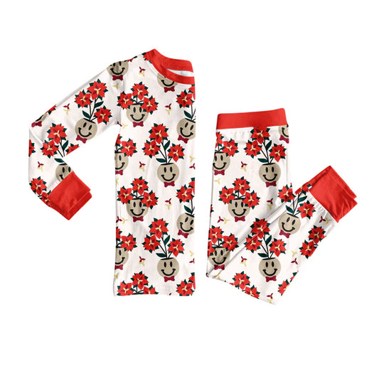 Preorder (moq 5)Baby Girls Long Sleeves Red Flowers Smiles Plaid Top Pants Pajamas Set 7.26