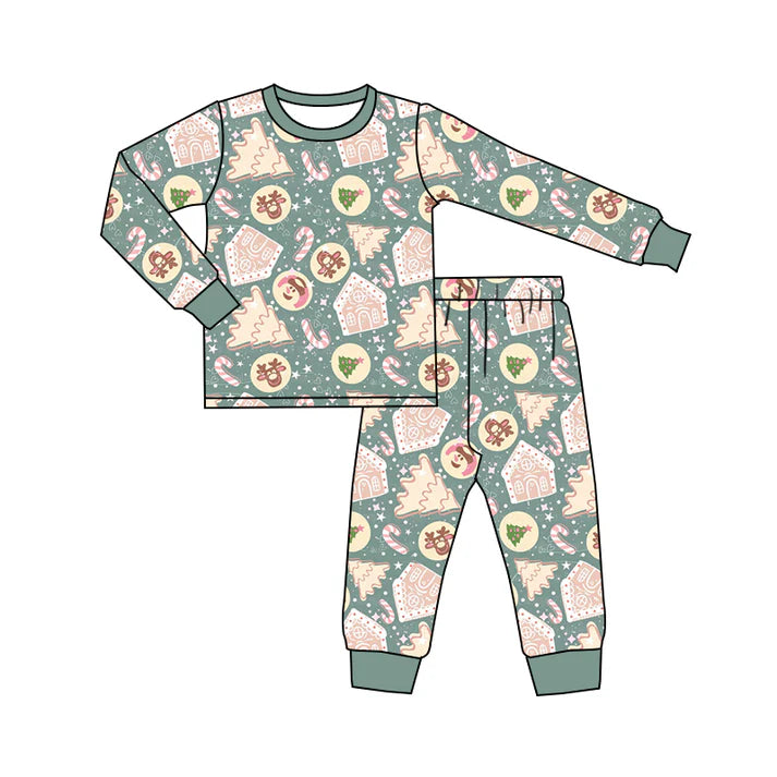 Preorder (moq 5)Baby Boys Aqua Long Sleeves Deer Trees Plaid Top Pant Pajamas Sets 6.11