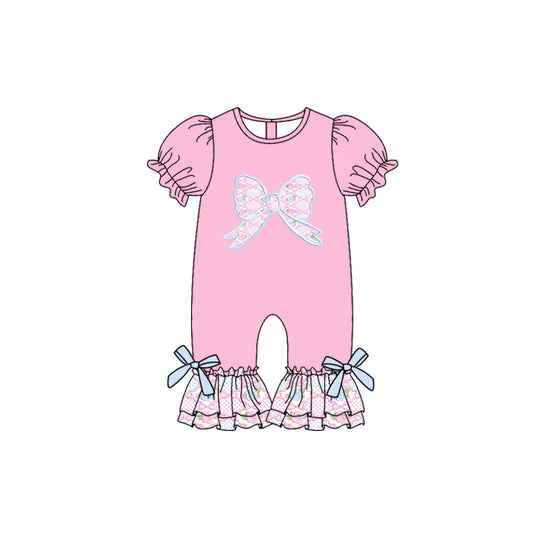 Preorder (moq 5)Baby Girls Pink Short Ruffle Sleeves Floral Bows Pant Rompers 5.16