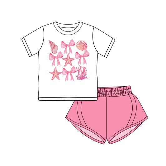 Preorder (moq 5)Baby Girls Short Sleeves Bows Shell Top Pink Yoga Short Set 4.25