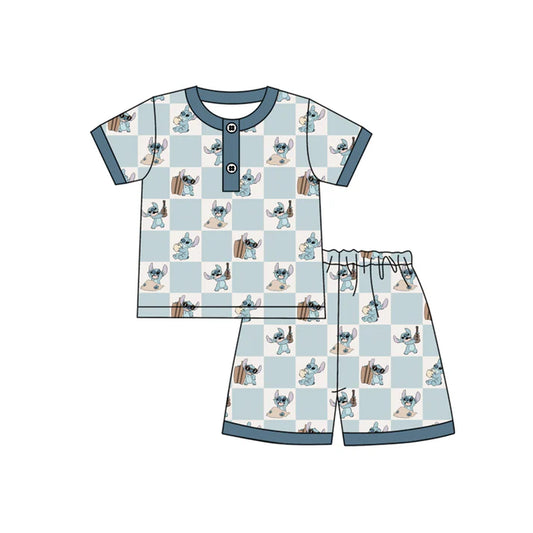 Preorder moq 5 Baby Boys Blue Short Sleeves Cartoon Bunny Button Top Short Pajamas Set 4.12