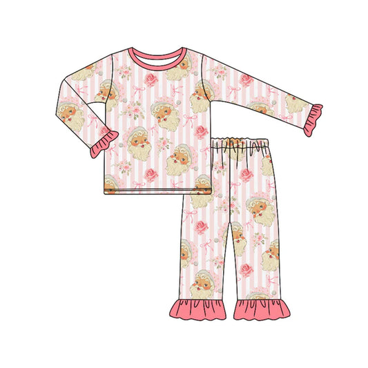 Preorder (moq 5)Baby Girls Long Ruffle Sleeves Pink Stripe Santa Flowers Top Pant Pajamas Set 6.23