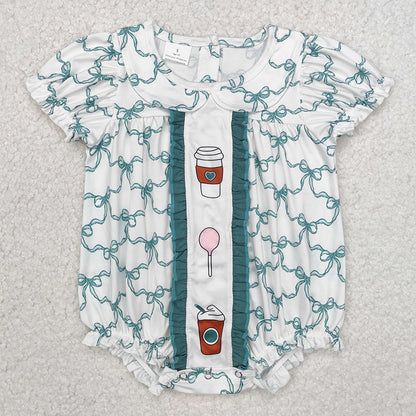 Baby Infant Girls Rompers Coffee Green Bows Short Sleeve Rompers SR2281