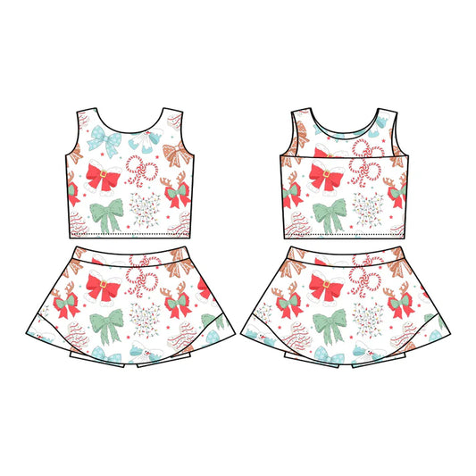 Preorder (moq 5)Baby Girls Sleeveless Candy Cane Bows Vest Top Skorts Set 7.16