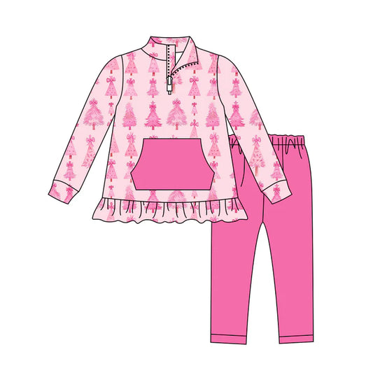 Preorder (moq 5)Baby Girls Long Sleeves Pink Bows Trees Pocket Zipper Top Legging Pants Set 7.28