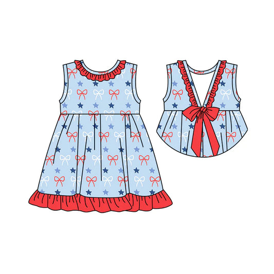 Preorder moq 5 Baby Girls Sleeveless Blue Red Bows Stars 4th Of July Knee Length Dress 4.22