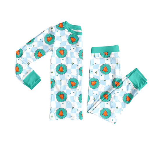 Preorder (moq 5)Baby Boys Long Sleeves Green Plaid Trees Top Pant Pajamas Set 6.23