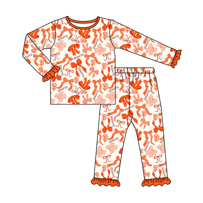 Preorder MOQ 5 Long sleeves S F maroon bow kids girls team pajamas 8.25