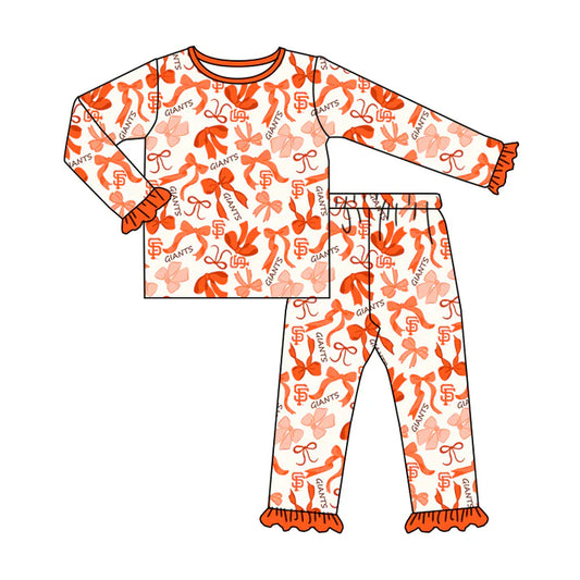 Preorder MOQ 5 Long sleeves S F maroon bow kids girls team pajamas 8.25
