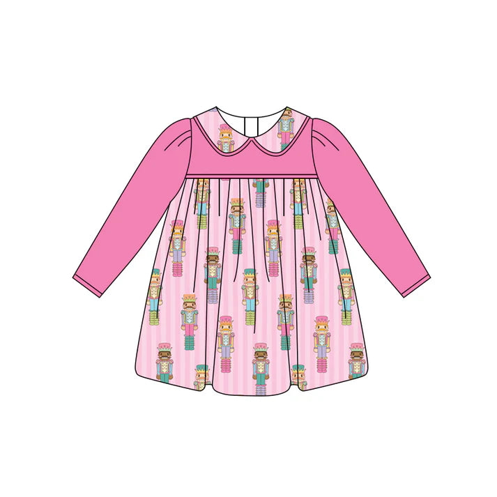 Preorder (moq 5)Baby Girls Hot Pink Long Sleeves Soldier Stripe Knee Length Dresses 5.29