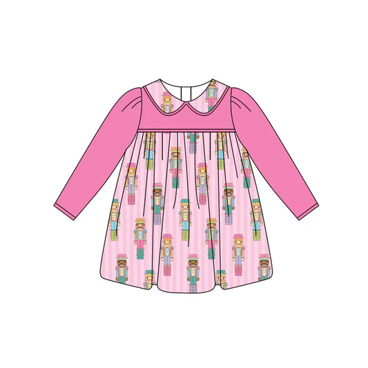Preorder (moq 5)Baby Girls Hot Pink Long Sleeves Soldier Stripe Knee Length Dresses 5.29