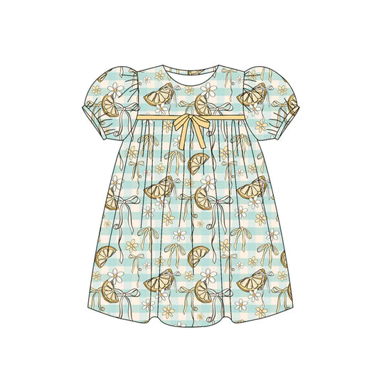 Preorder (moq 5)Baby Girls Short Ruffle Sleeves Stripe Lemons Flowers Knee Length Dresses 5.27