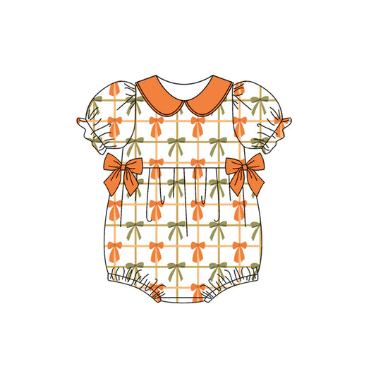 Preorder (moq 5)Baby Girls Orange Short Sleeves Colorful Bows Plaid Ruffle Rompers 4.24