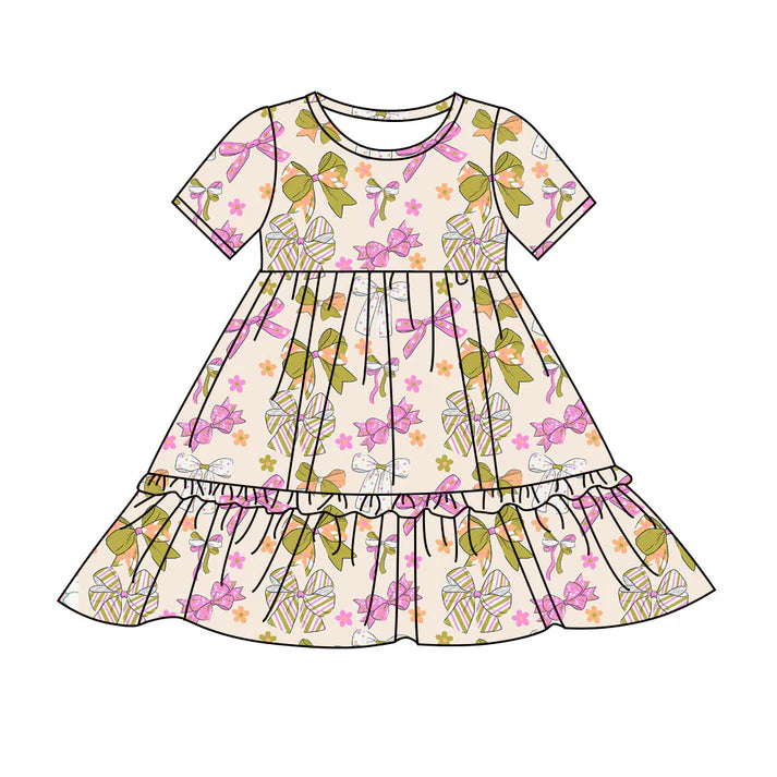 Preorder(moq 8)Baby Girls Pink Green Stars Bows Flowers Ruffle Knee Length Dresses 9.25
