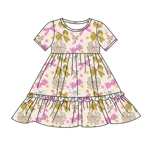 Preorder(moq 8)Baby Girls Pink Green Stars Bows Flowers Ruffle Knee Length Dresses 9.25