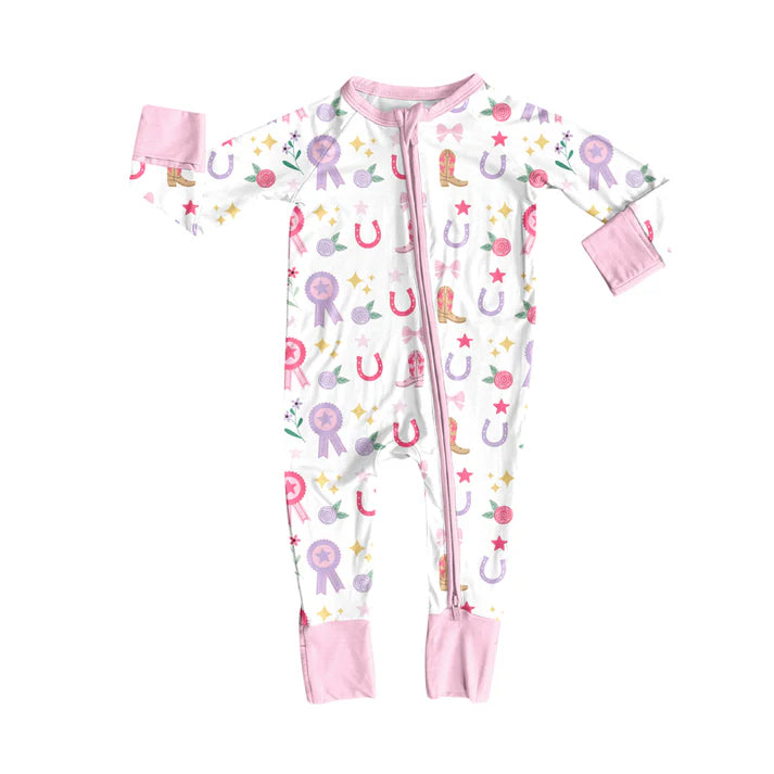 Preorder(moq 5)Baby Girls Western Rodeo Stars Bows Zipper Footie Rompers 8.12