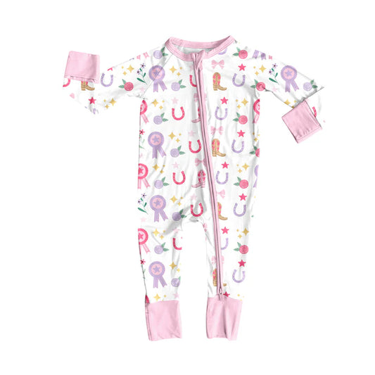 Preorder(moq 5)Baby Girls Western Rodeo Stars Bows Zipper Footie Rompers 8.12
