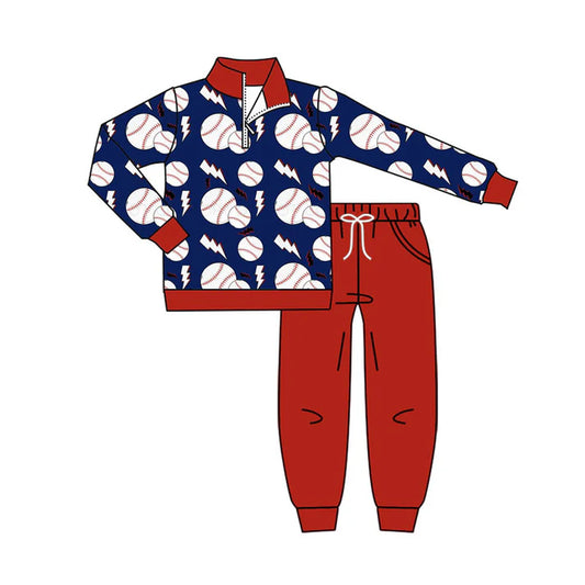 Preorder (moq 8)Baby Boys Baseballs Lights Zipper Pullover Pockets Jogger Team Clothes Set 9.6