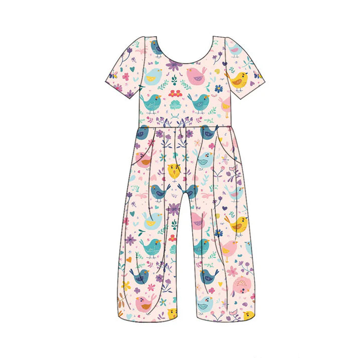 Preorder(moq 5) Baby Girls Colorful Birds Flowers Pockets Pants Jumpsuits 10.29