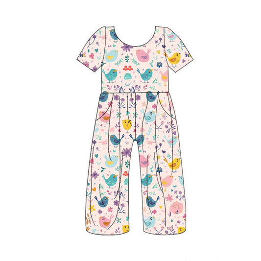 Preorder(moq 5) Baby Girls Colorful Birds Flowers Pockets Pants Jumpsuits 10.29