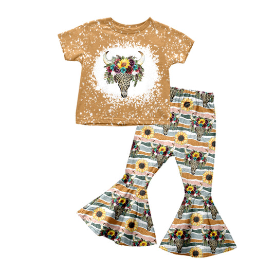 Baby Girls Clothes Western Cow Skull Sunflowers Tee Top Bell Pants Sets Preorder Moq 5