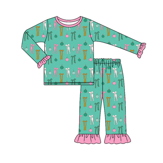 Preorder (moq 5)Baby Girls Green Long Ruffle Sleeves Bows Lights Plaid Top Pant Pajamas Set 6.20