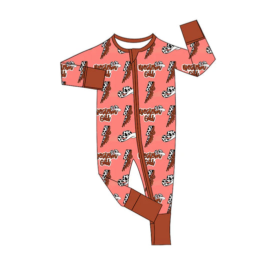 Preorder(moq 5)Baby Infant Boys Long Sleeves Western Girl Cow Print Lights Zipper Rompers 7.30