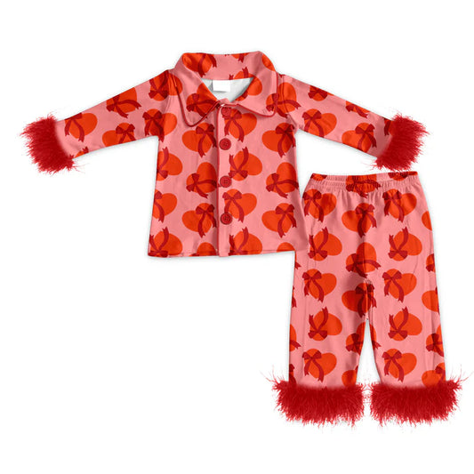 Preorder (moq 5)Baby Girls Red Bows Hearts Button Top Pants Valentines Fur Sleeve Pajamas Sets 11.22