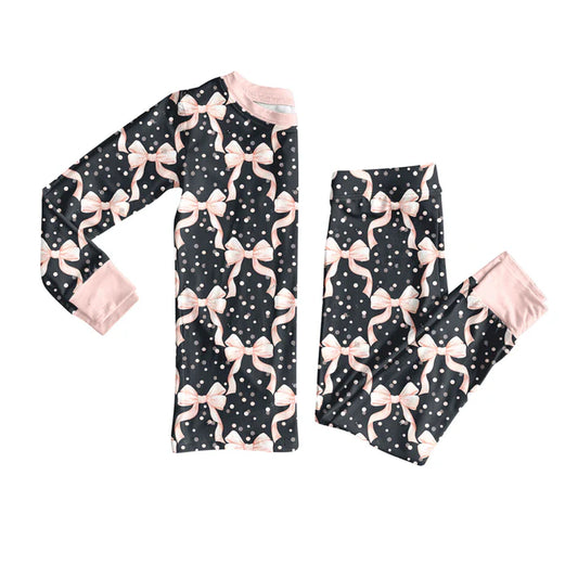 Preorder(moq 5) Baby Girls Black Pink Bows Top Pants Lounge Wear Pajamas Sets 8.13