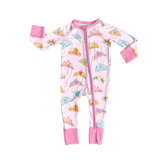 Preorder (moq 8)Baby Girls Colorful Crowns Zipper Footie Rompers 9.9