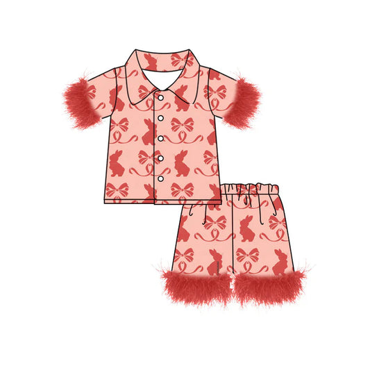 Preorder (moq 8)Baby Girls Red Rabbits Bows Button Top Shorts Easter Fur Pajamas Sets 9.17