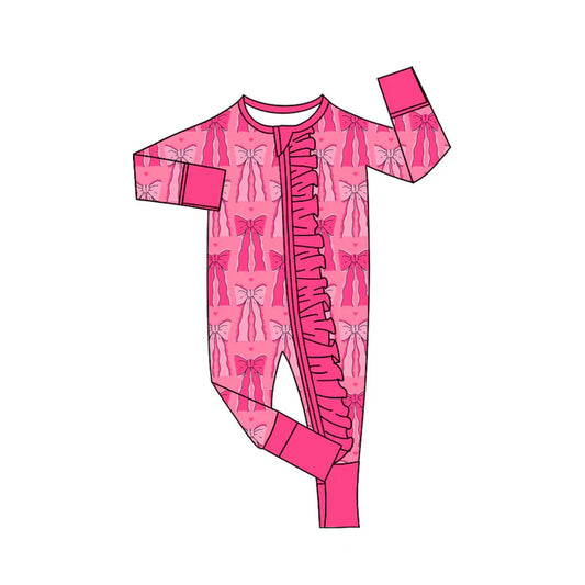 Preorder (moq 8)Baby Girls Pink Hearts Bows Valentine Ruffle Zipper Footie Rompers 9.20