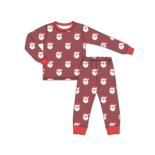 Preorder (moq 5)Baby Boys Dark Red Long Sleeves Santa Plaid Top Pant Pajamas Sets 6.21