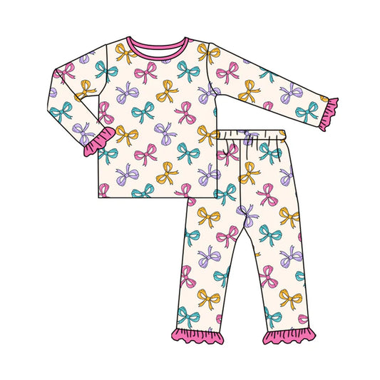 Preorder (moq 5)Baby Girls Colorful Bows Plaid Top Ruffle Pant Pajamas Set 8.4