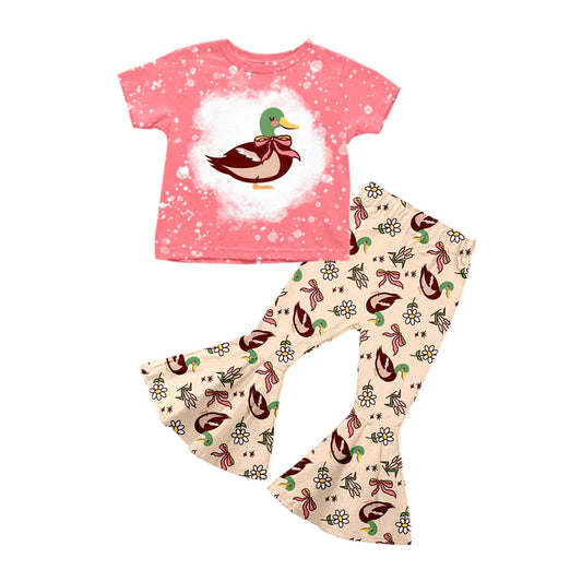 Preorder (moq 5)Baby Girls Pink Short Sleeves Duck Flowers Top Khaki Bell Bottom Pant Set 5.12