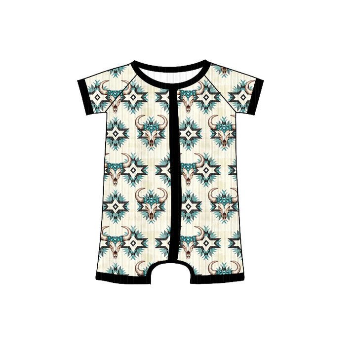 Preorder (moq 5)Baby Boys Black Short Sleeves Bull Skull Aztec Zipper Shorts Rompers 6.4