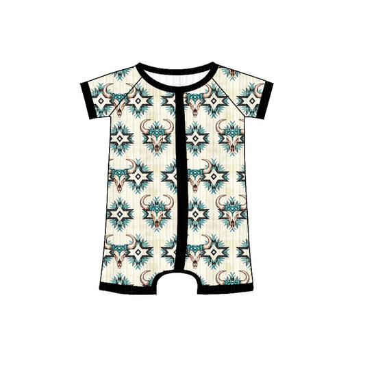 Preorder (moq 5)Baby Boys Black Short Sleeves Bull Skull Aztec Zipper Shorts Rompers 6.4