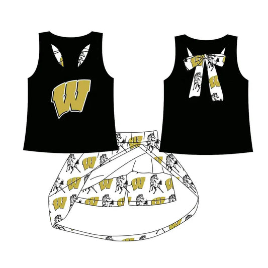 Preorder (moq 5)Baby Girls Black W Horse vest team Top Skirt Skort Sets 8.12