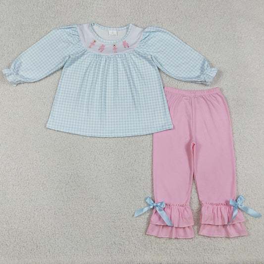 Baby Girls Embroidery Dancer Shoes Checked Tunic Ruffle Pants Clothes Sets GLP2925 12.23