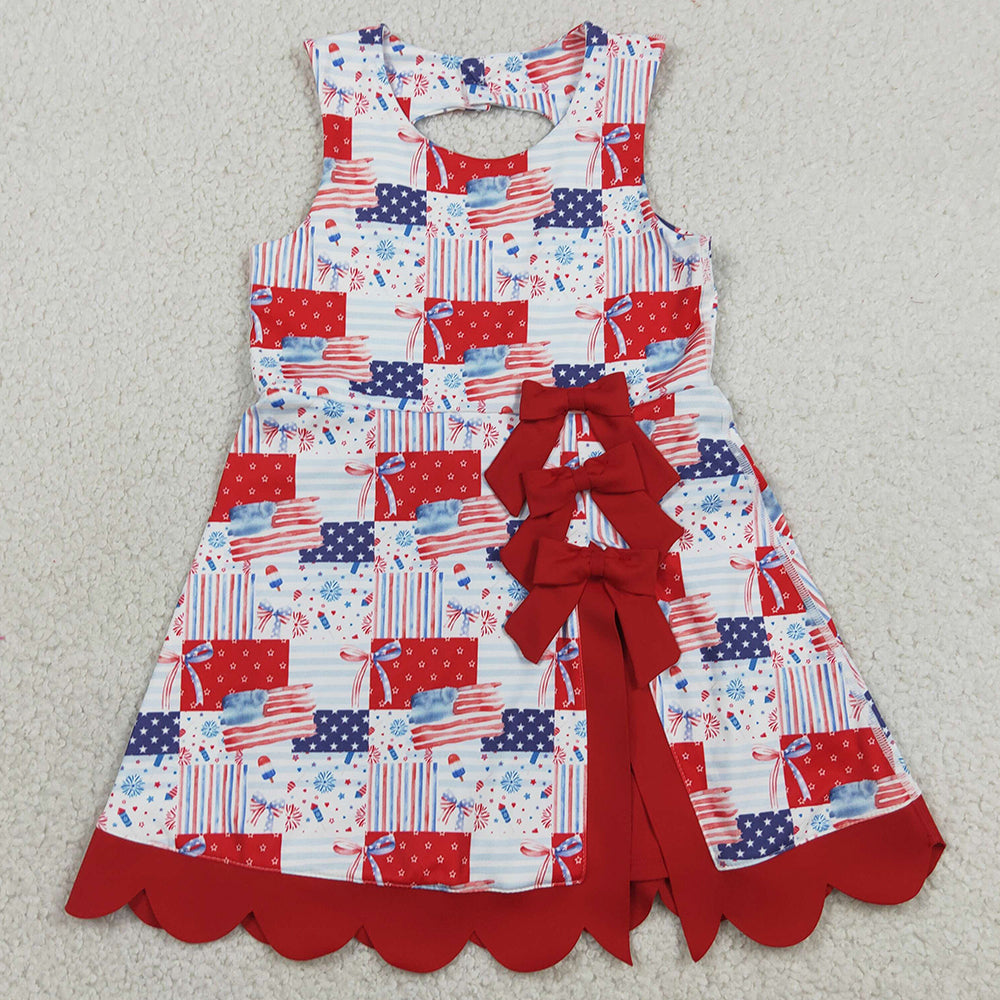 Baby Girls Scallop Dress Bows 4th of July Yoga Active Short Bows Scallop Knee Length Dress GSD3945