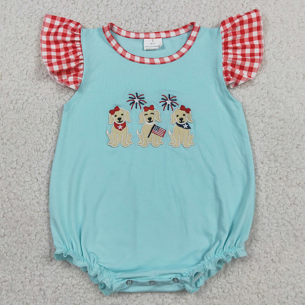 Baby Girls Rompers Embroidery Dogs Flags Flutter Sleeve 4th of July Ruffle Rompers SR4051
