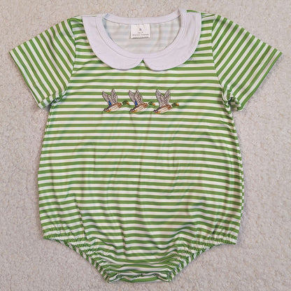 Baby Girls Rompers Embroidery Ducks Sleeveless Green Stripe Ruffle Rompers SR4084