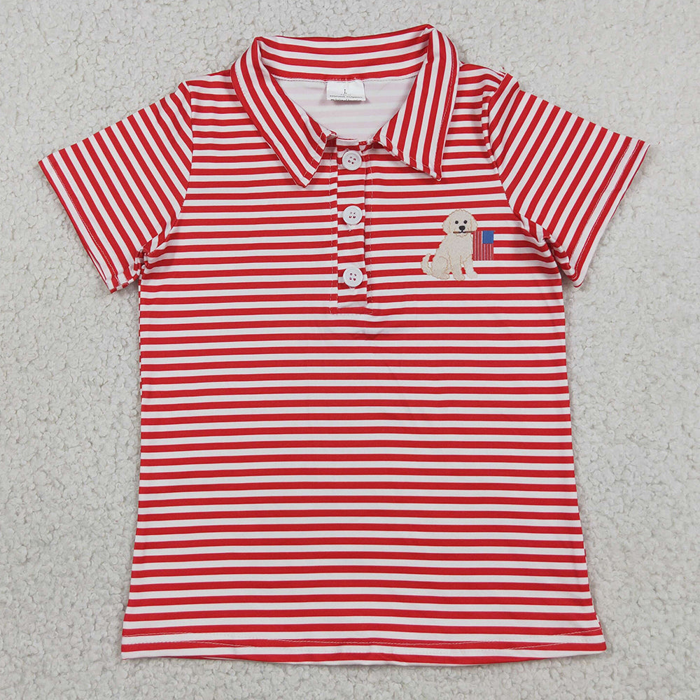 Baby Boys Clothes Red Stripe Dogs Flags 4th of July Button Polo Shirts Top BT1619